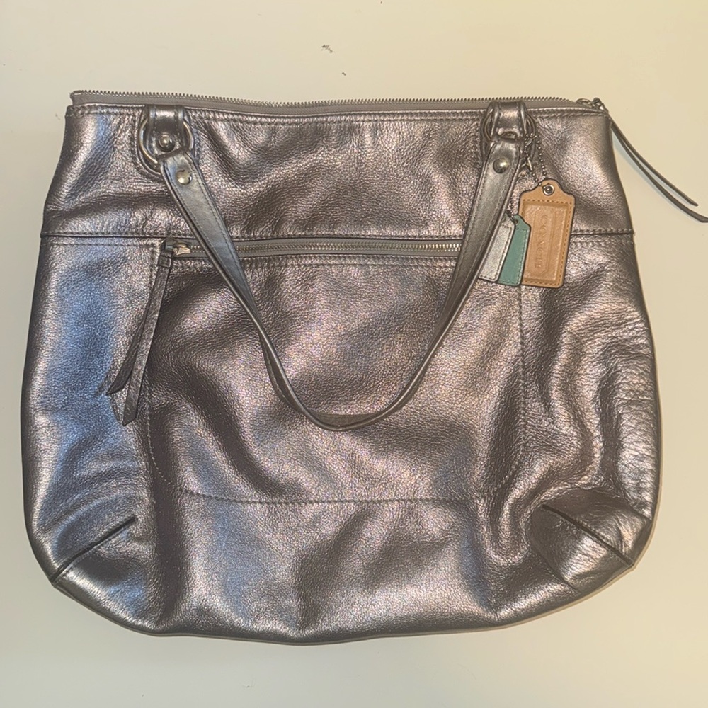 Used Coach Metallic Silver Tote Bag w/ Teal Blue Lining